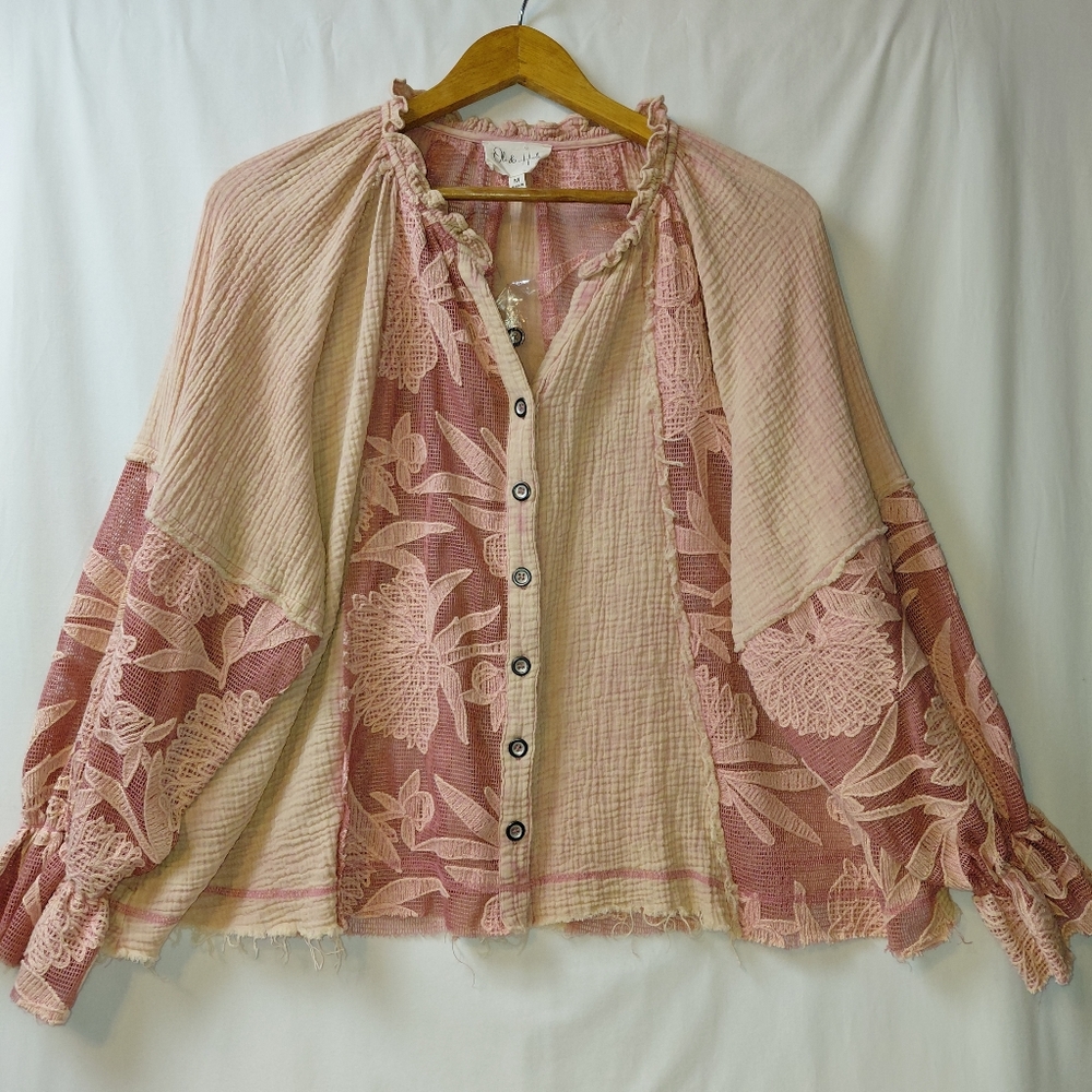 Oli & Hali‎ Shirt Jacket Lacy Gauze Women's Size Med Oversized Pink Sheer